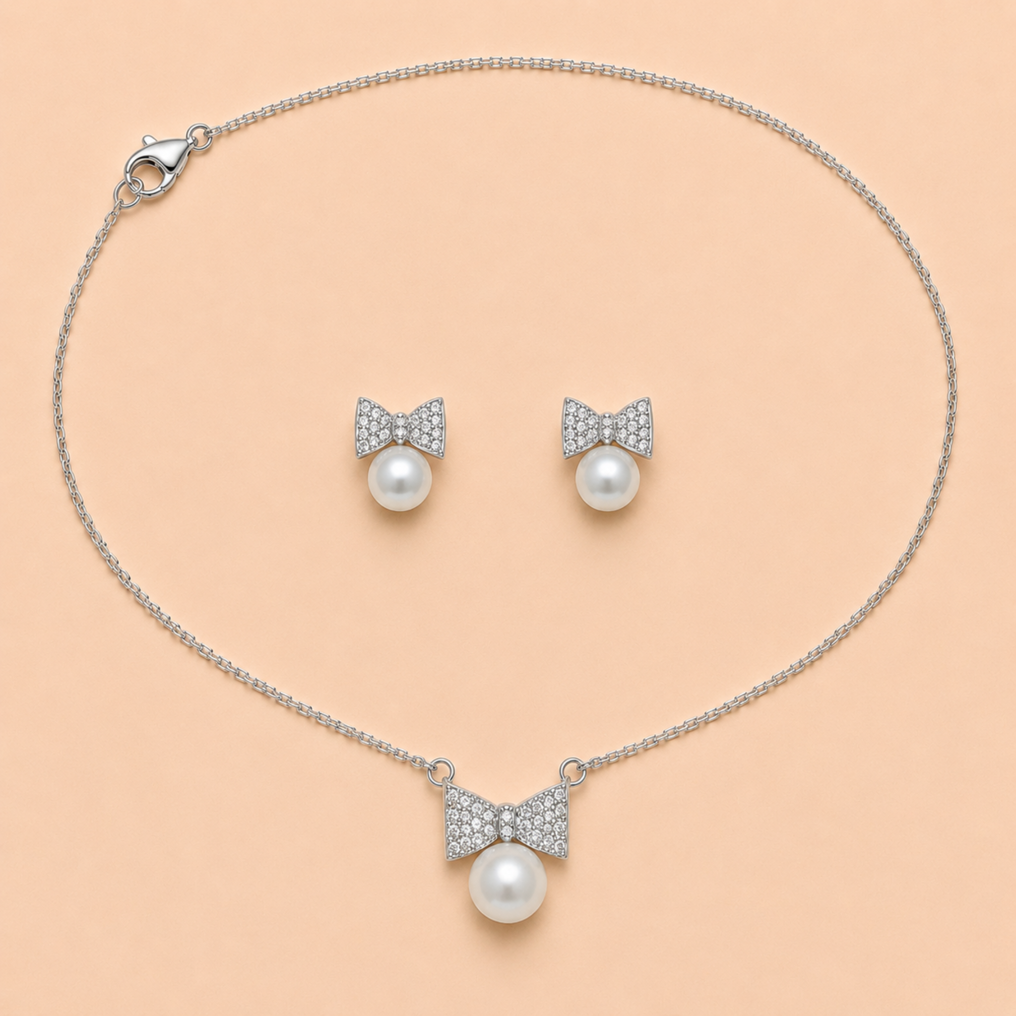 Pearl Bow Glow Necklace & Earrings Jewellery Set
