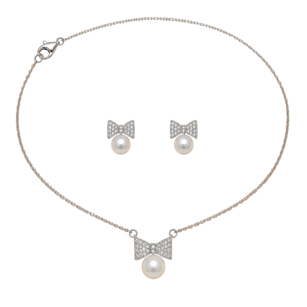Pearl Bow Glow Necklace & Earrings Jewelry Set