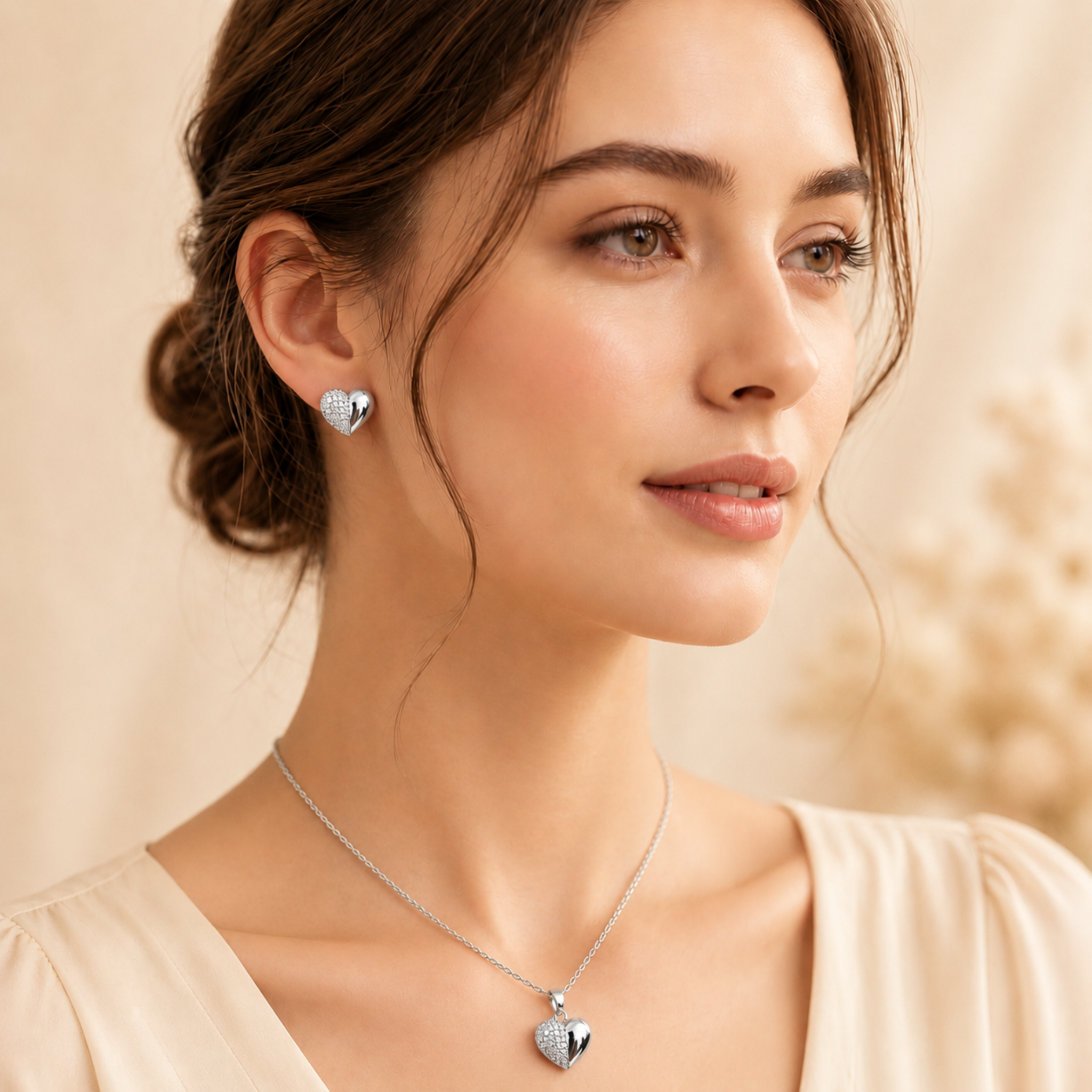 Silver Heart Crystal Necklace & Earrings Set