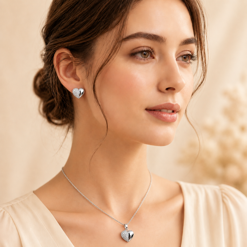 Silver Heart Crystal Necklace & Earrings Set