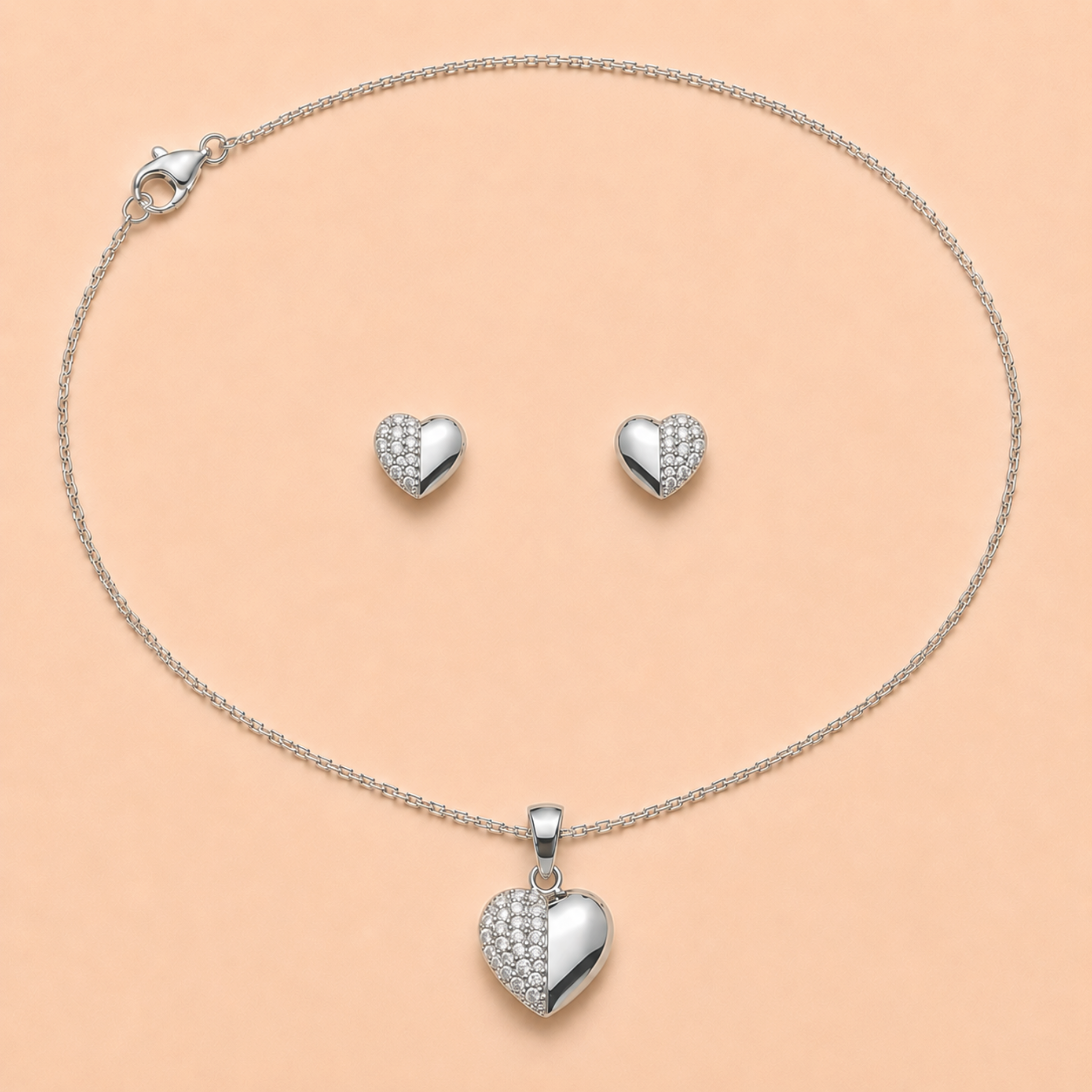 Silver Heart Crystal Necklace & Earrings Set