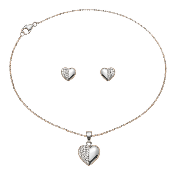 Silver Heart Crystal Necklace & Earrings Set