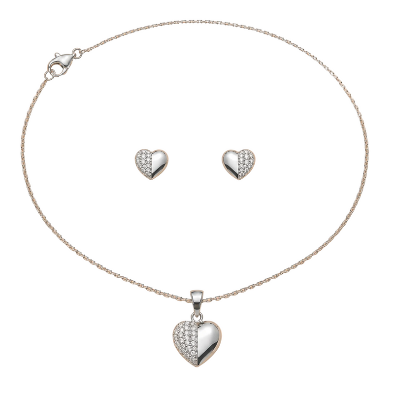 Silver Heart Crystal Necklace & Earrings Set