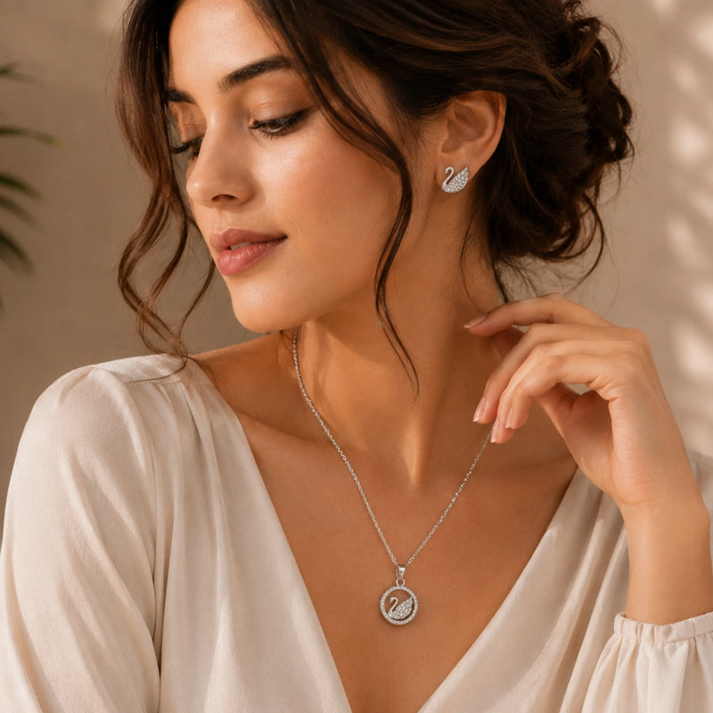 Silver Swan Pendant Necklace & Earrings Set