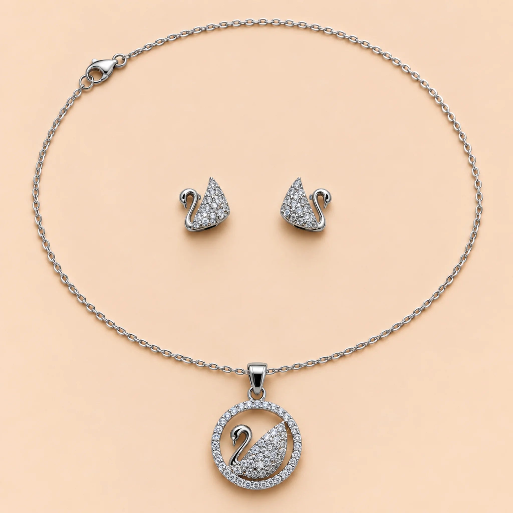 Silver Swan Pendant Necklace & Earrings Set