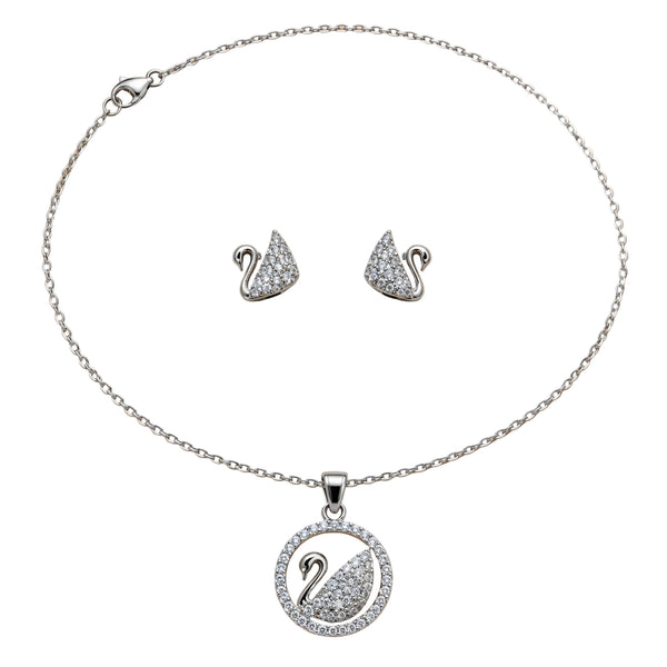 Silver Swan Pendant Necklace & Earrings Set