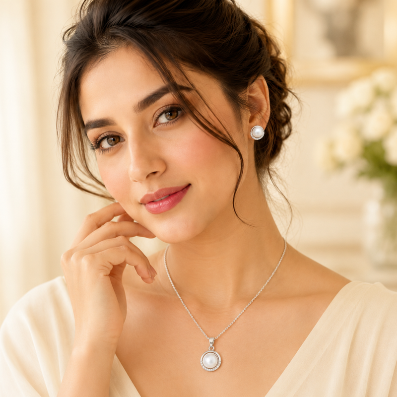 Silver Pearl Halo Necklace & Earrings Set