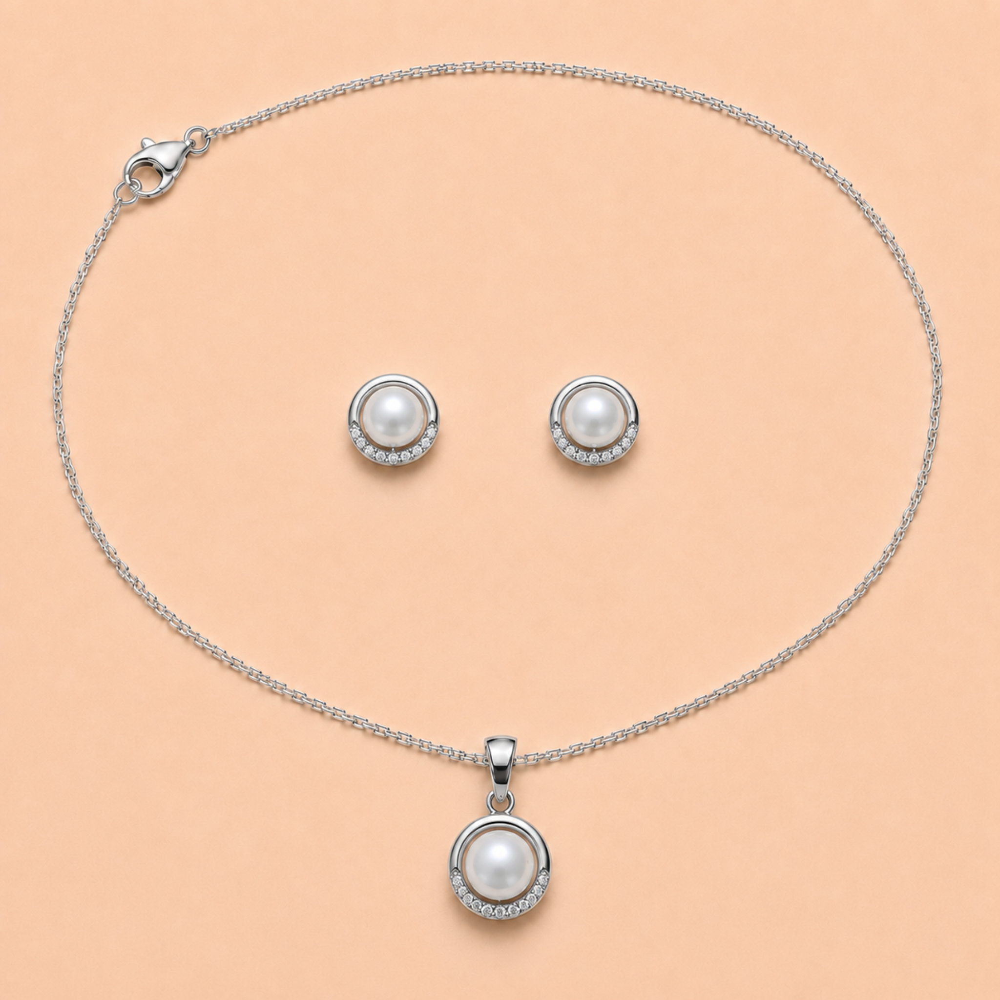 Silver Pearl Halo Necklace & Earrings Set