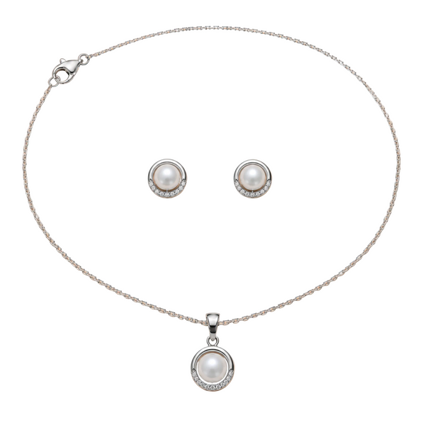 Silver Pearl Halo Necklace & Earrings Set