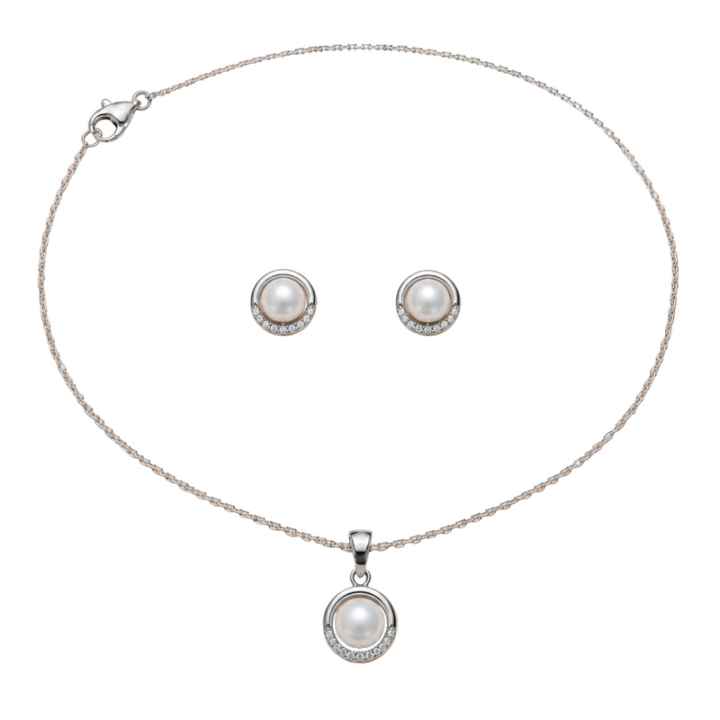 Silver Pearl Halo Necklace & Earrings Set