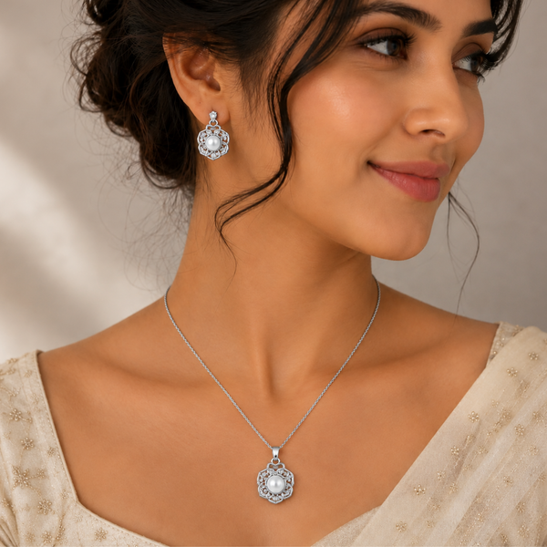 Silver Pearl Floral Necklace & Earrings Set