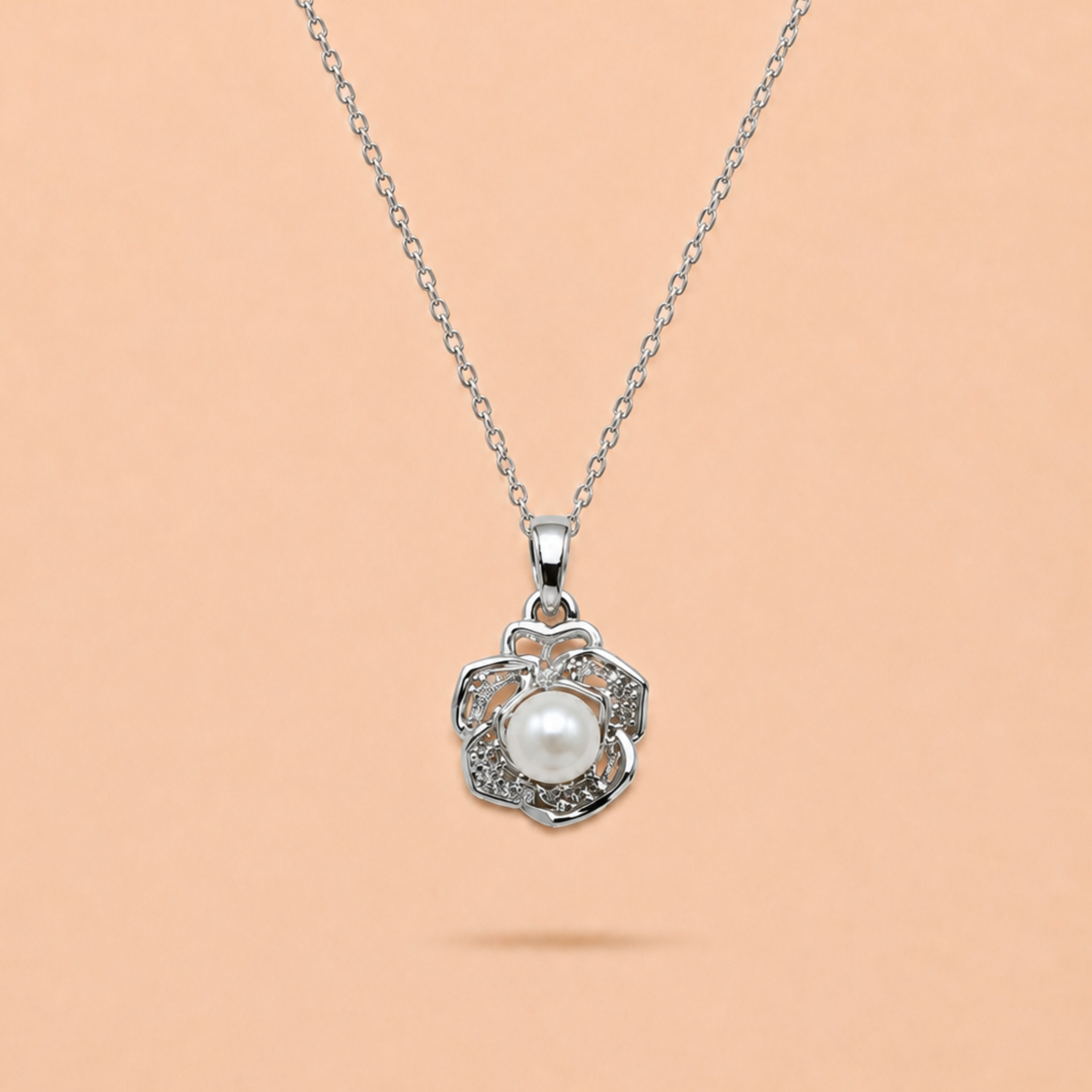 Silver Pearl Floral Necklace & Earrings Set