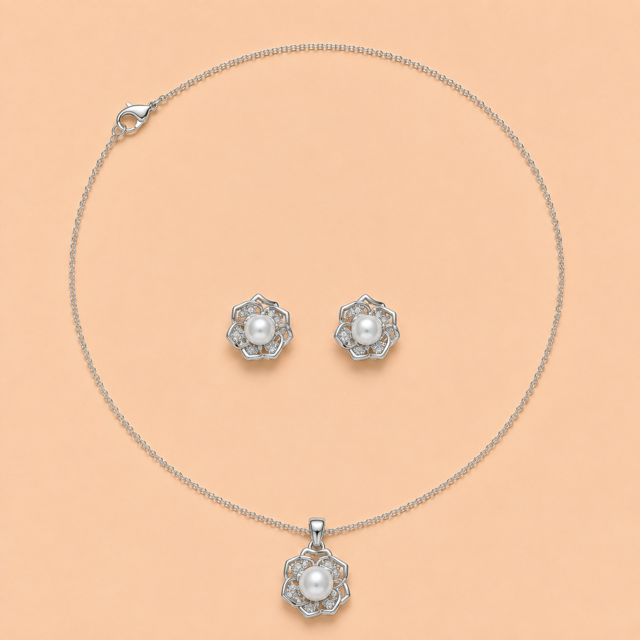 Silver Pearl Floral Necklace & Earrings Set