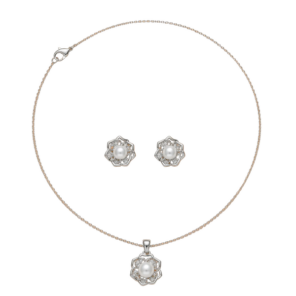 Silver Pearl Floral Necklace & Earrings Set