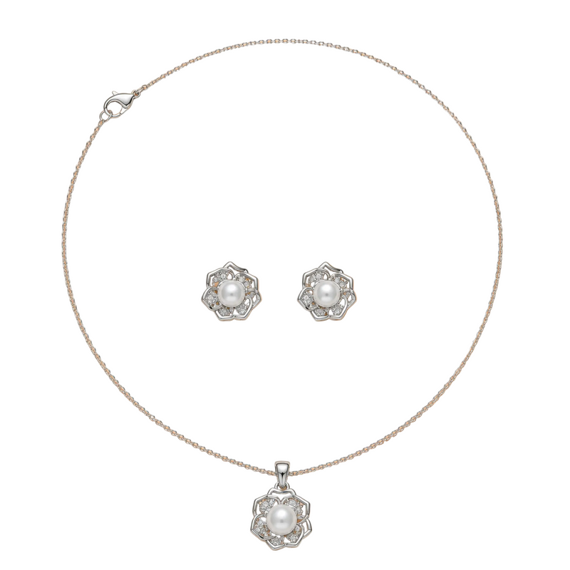 Silver Pearl Floral Necklace & Earrings Set