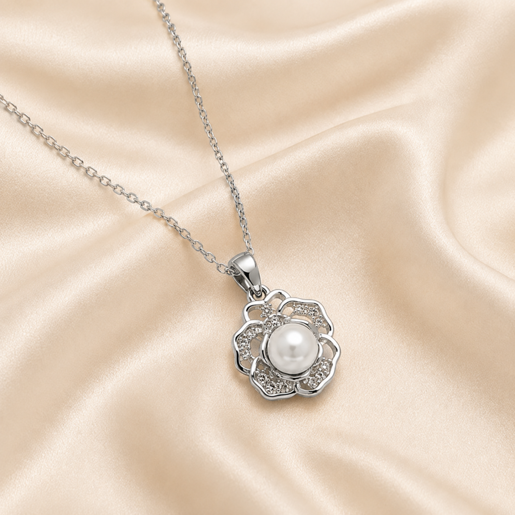 Silver Pearl Floral Necklace & Earrings Set