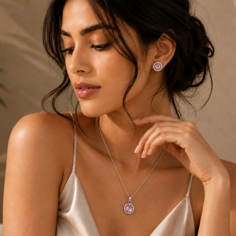 Silver Pink Crystal Halo Necklace & Earrings Set