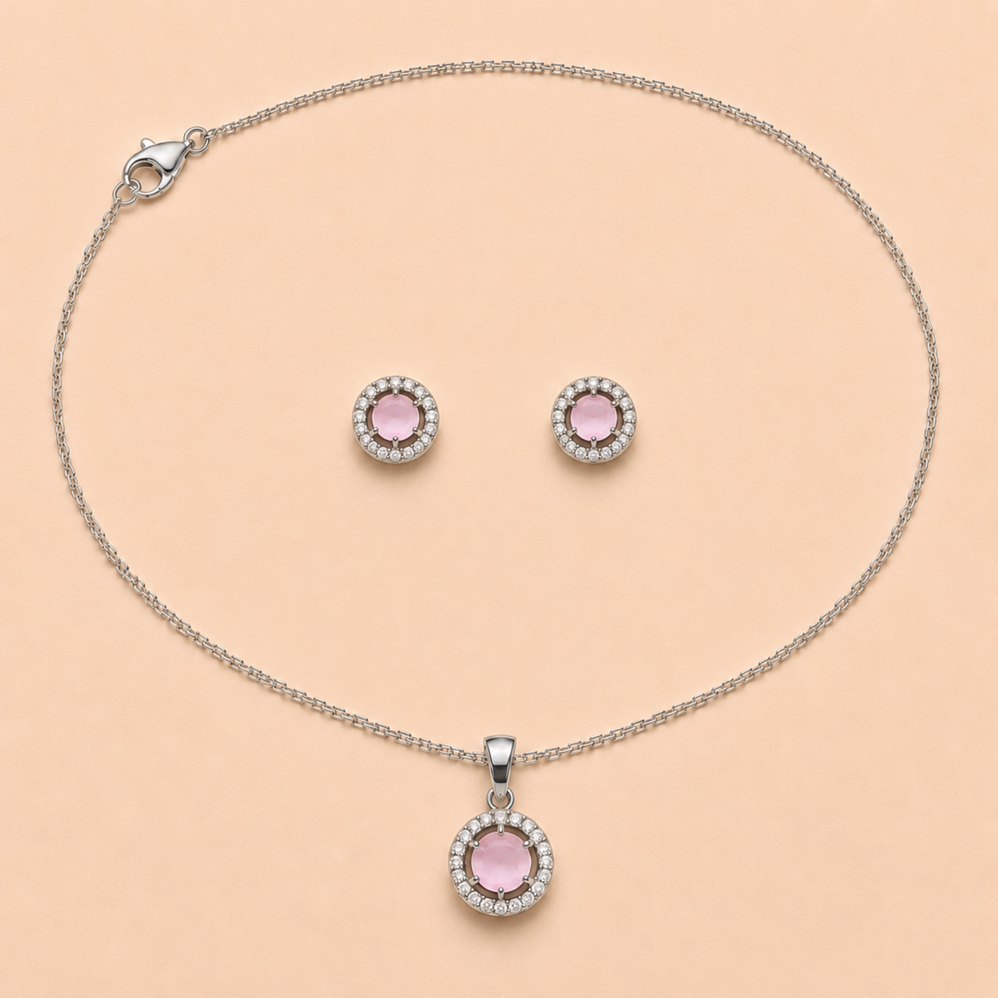 Silver Pink Crystal Halo Necklace & Earrings Set