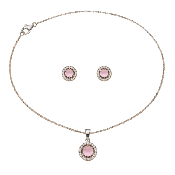 Silver Pink Crystal Halo Necklace & Earrings Set