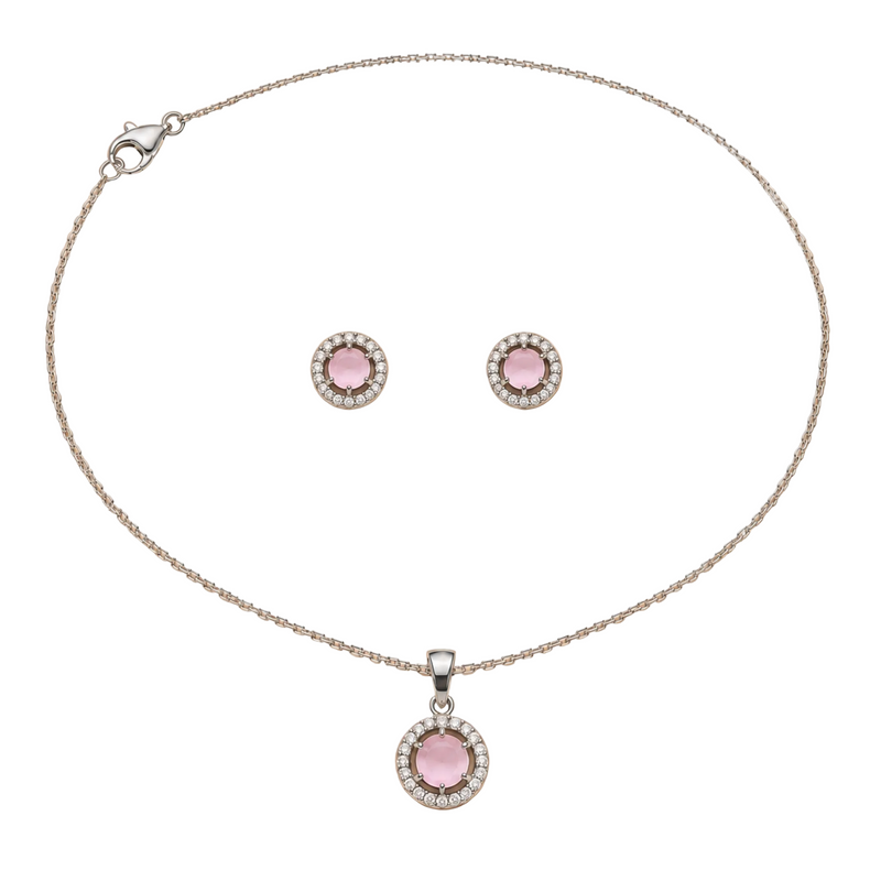 Silver Pink Crystal Halo Necklace & Earrings Set