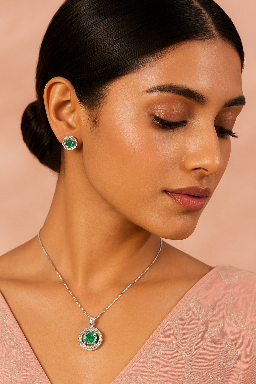 Emerald Green Halo Pendant & Stud Set