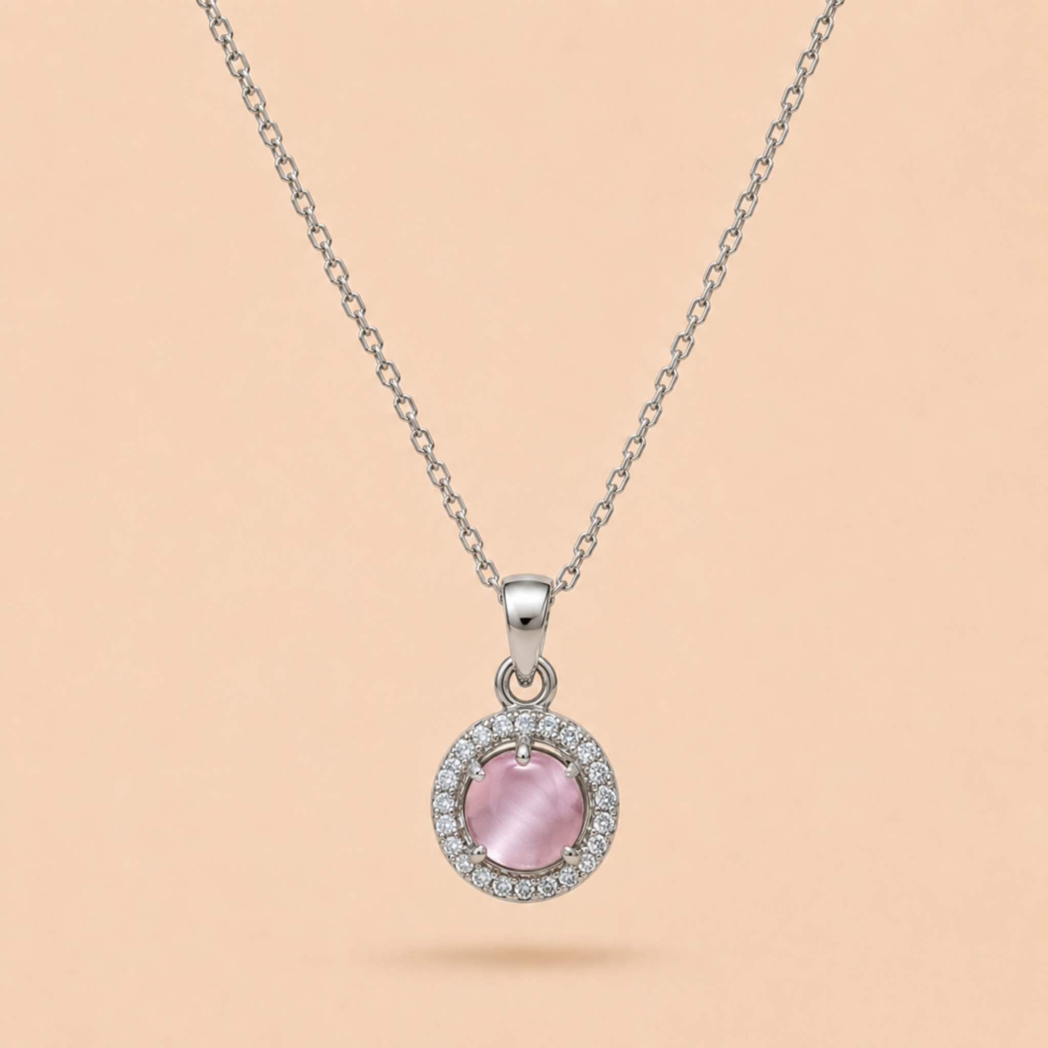 Silver Pink Crystal Halo Necklace & Earrings Set