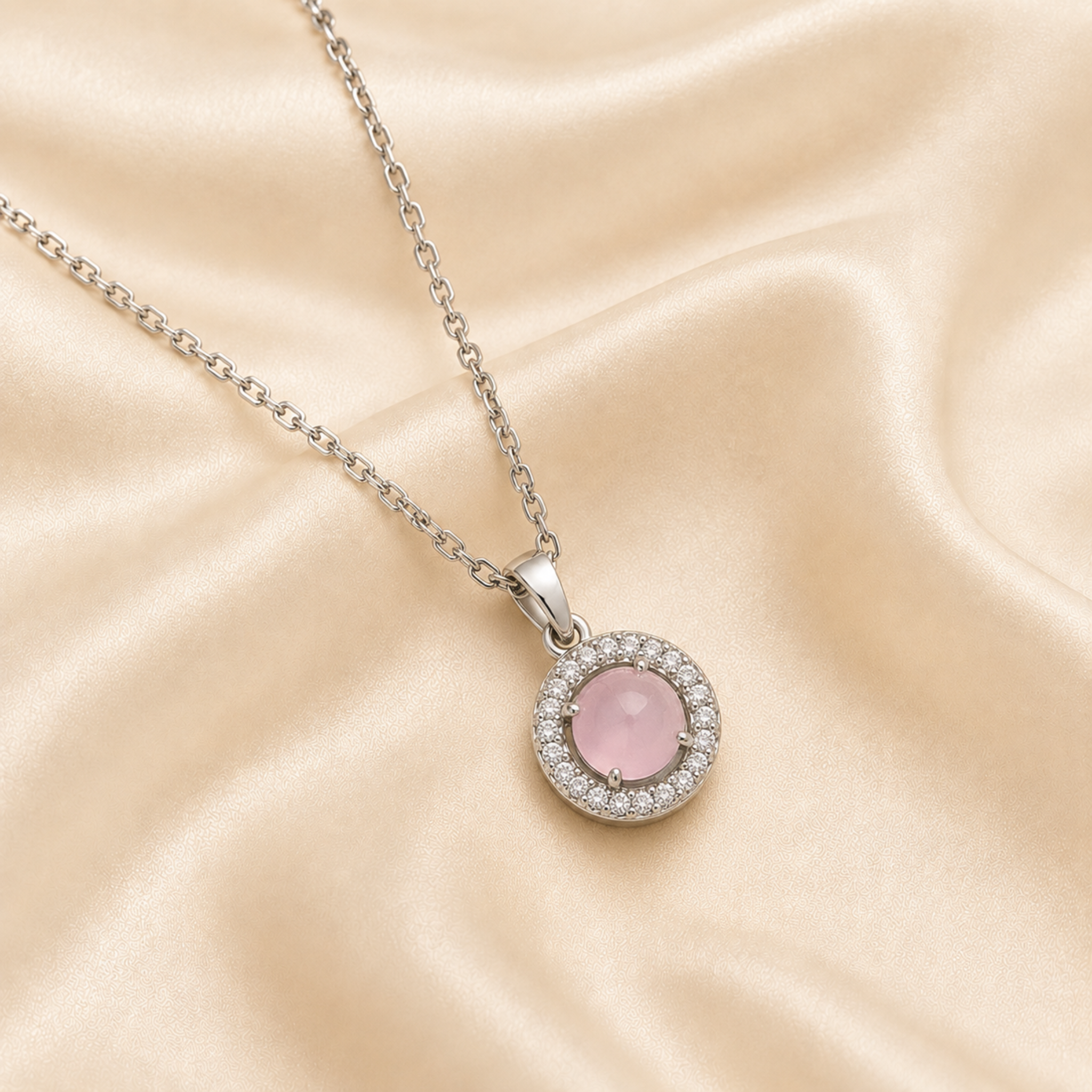 Silver Pink Crystal Halo Necklace & Earrings Set