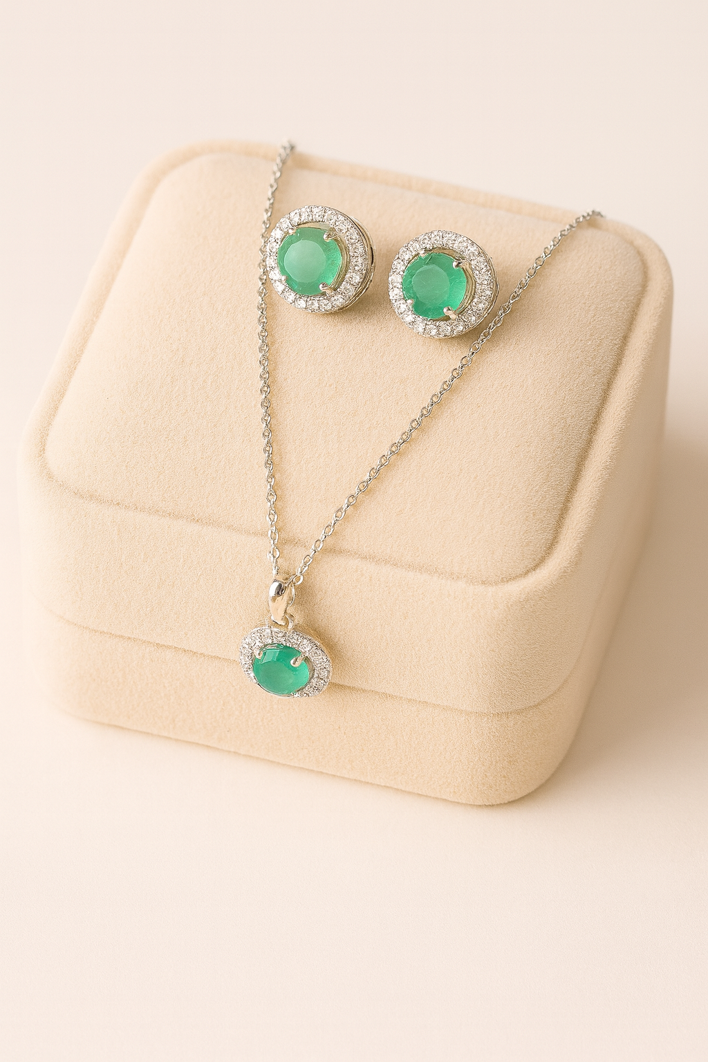 Emerald Green Halo Pendant & Stud Set