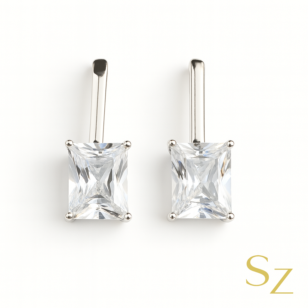 Solitaire Princess Drop Earrings – Silver Tone