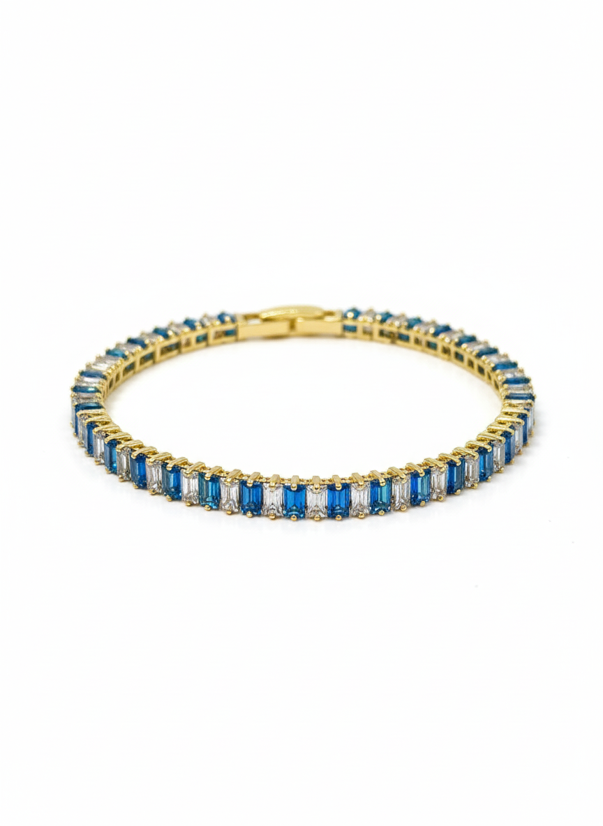 Gold Tennis Bracelet with Blue & White Stones