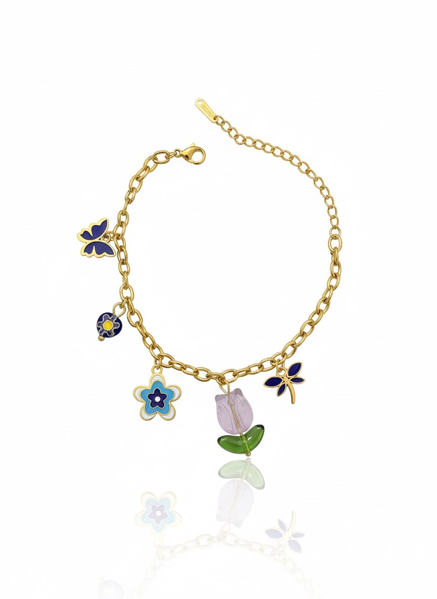 Gold Charm Bracelet with Floral & Butterfly Charms