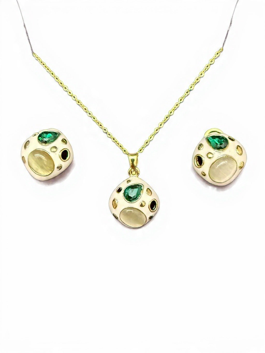 Dome Stone Pendant Set – Emerald & Moonstone Look