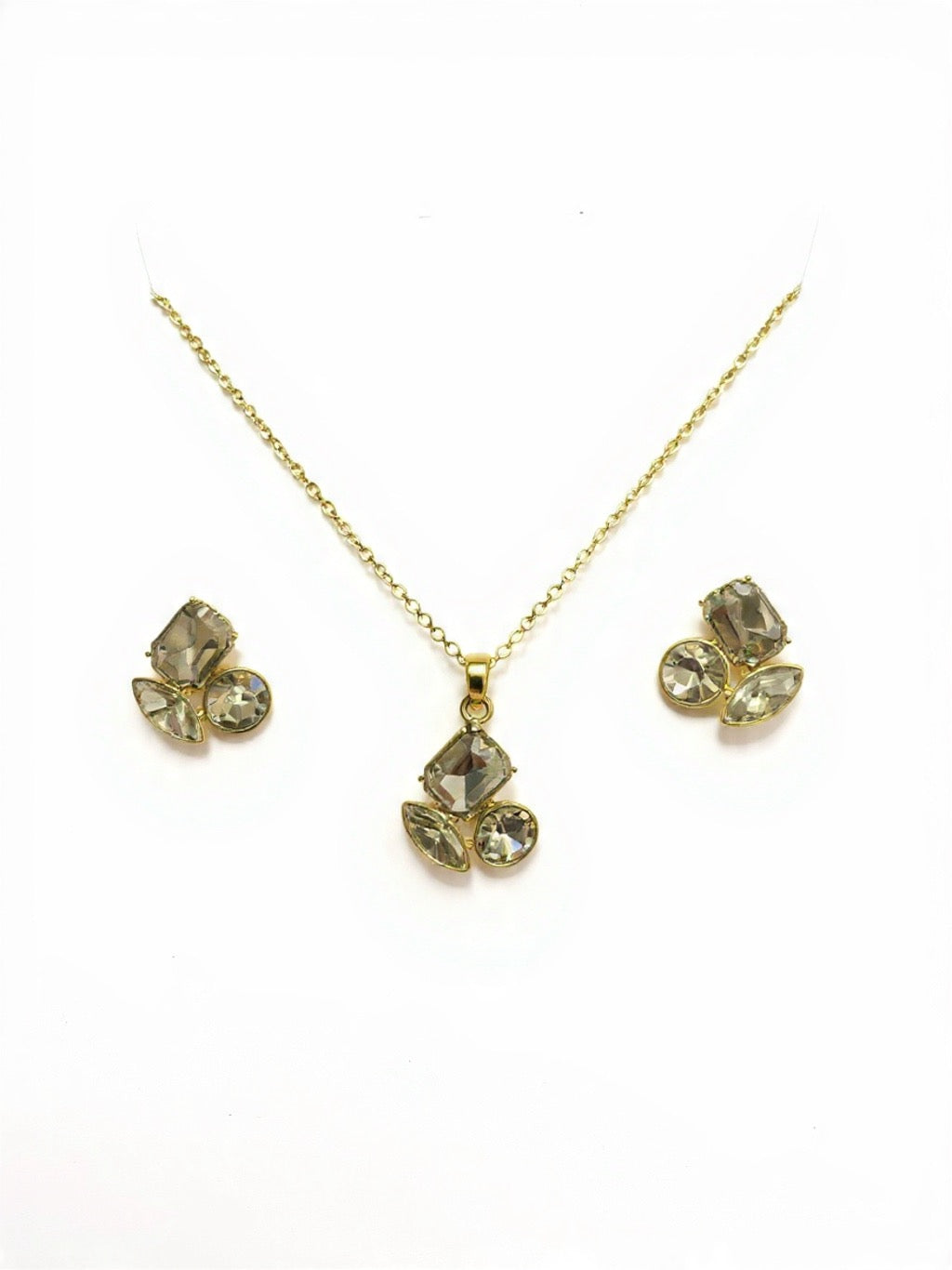 Smoky Crystal Pendant Set – Gold Tone